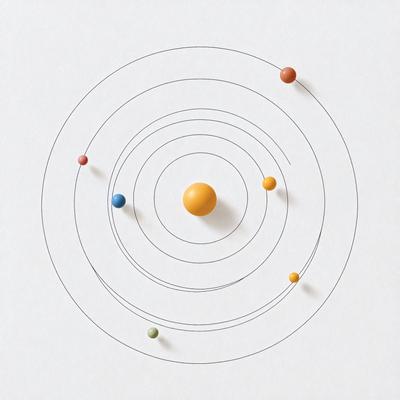 The primary subject of the image is a white background with a solar system model. The model features a central orange planet, surrounded by several other planets, including blue, green, and red ones. The planets are positioned at various distances from the central orange planet, creating a visually appealing representation of the solar system. The overall atmosphere of the image is educational and informative, showcasing the beauty and complexity of our solar system.
